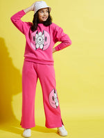 Girls Pink Fleece Flower Oversize Sweatshirt With Track Pants