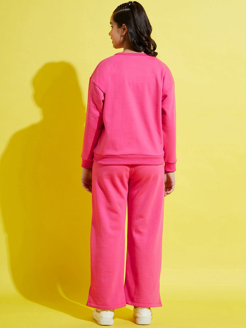 Girls Pink Fleece Flower Oversize Sweatshirt With Track Pants