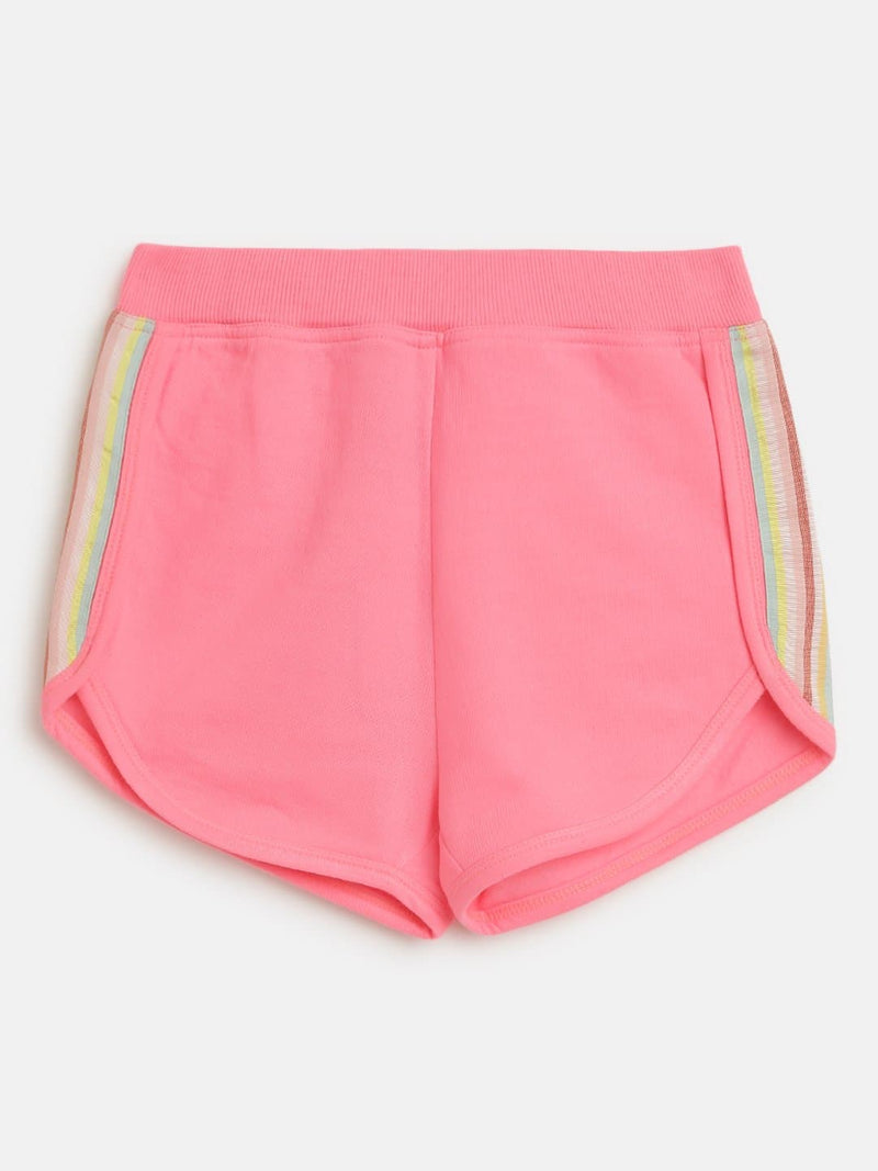 Girls Neon Pink Fleece Rainbow Tape Detail Shorts
