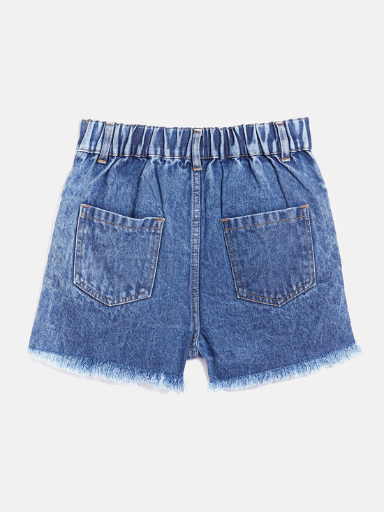 Girls Blue Side Tape Raw Hem Denim Shorts