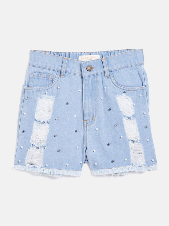 Girls Ice Blue Raw Hem Pearl Denim Shorts