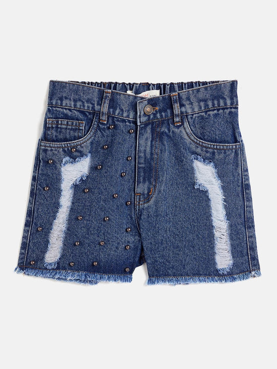 Girls Blue Raw Hem One Side Pearl Denim Shorts