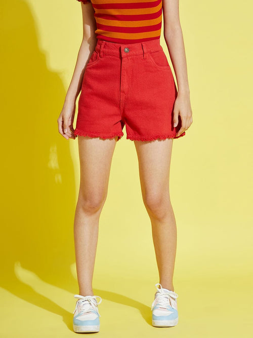 Girls Red Side Tape Raw Hem Denim Shorts