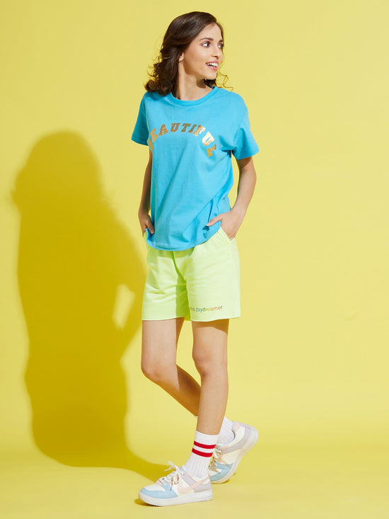 Girls Green Terry Full-Time-Day-Dreamer Baseball Shorts