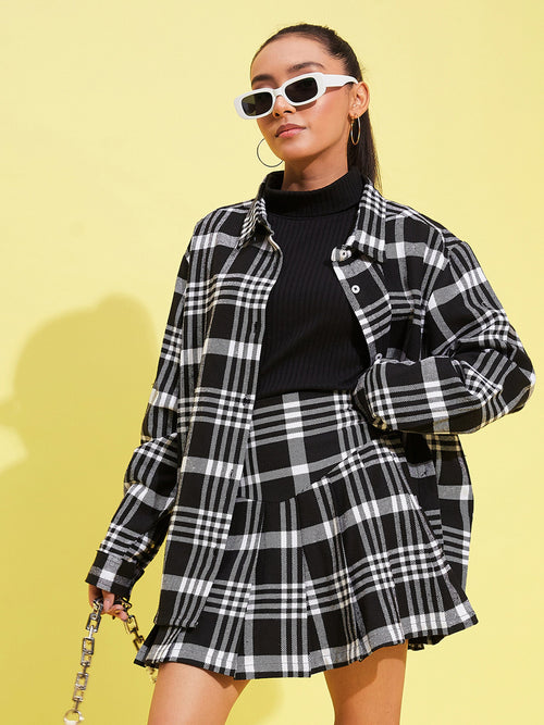 Girls Black & White Check Oversized Shirt