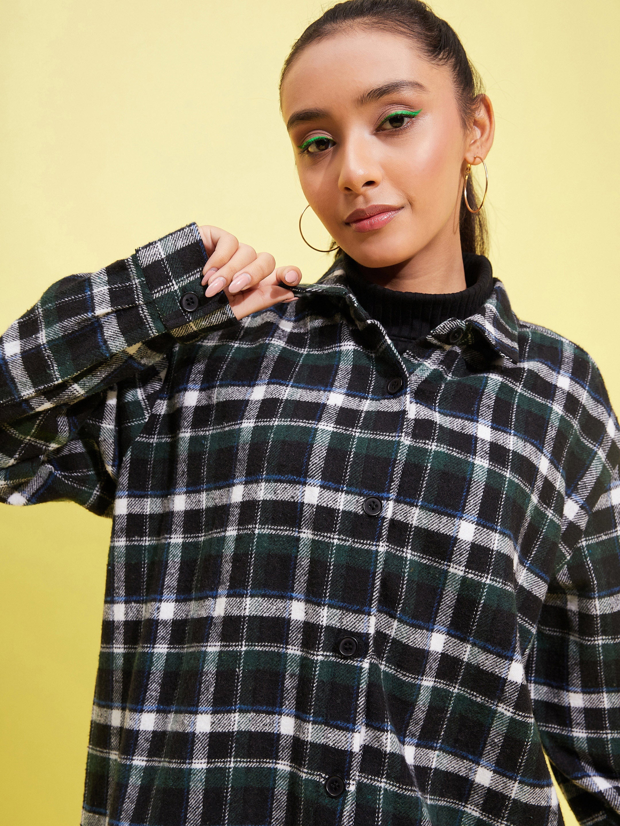 Girls Black & Green Check Oversized Shirt