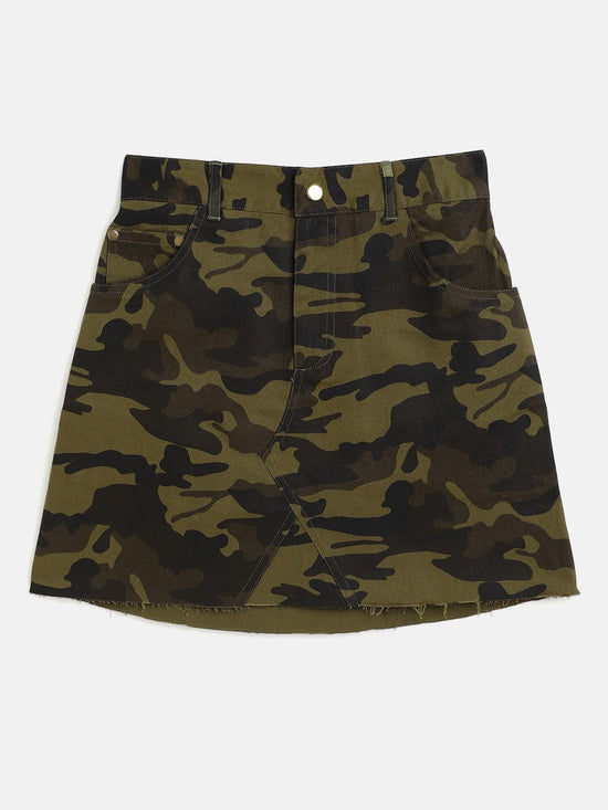 Girls Camouflage Twill Raw Hem Mini Skirt