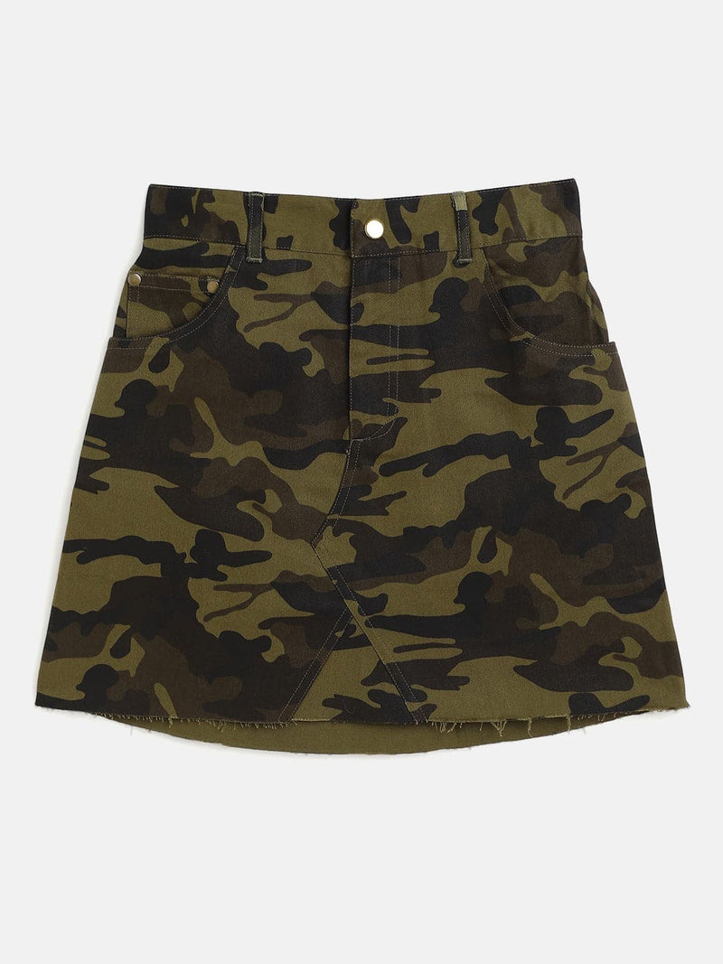 Girls Camouflage Twill Raw Hem Mini Skirt
