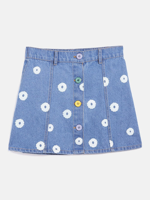 Girls Ice Blue Flower Print Denim Mini Skirt