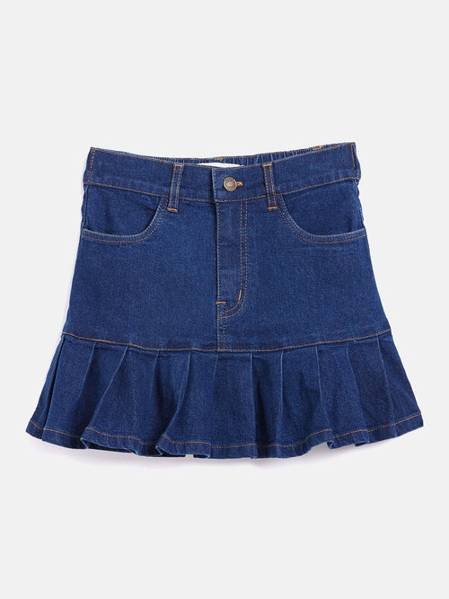 Girls Navy Denim Pleated Mini Skirt