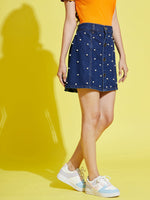 Girls Navy Pearl Front Button Denim Mini Skirt