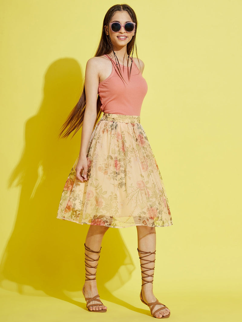 Girls Yellow Floral Tulle Gathered Skirt