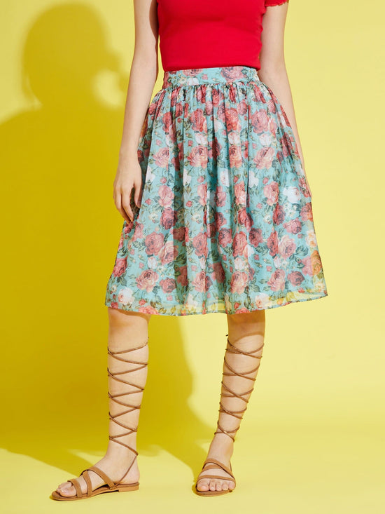 Girls Sea Green Organza Floral Gathered Skirt