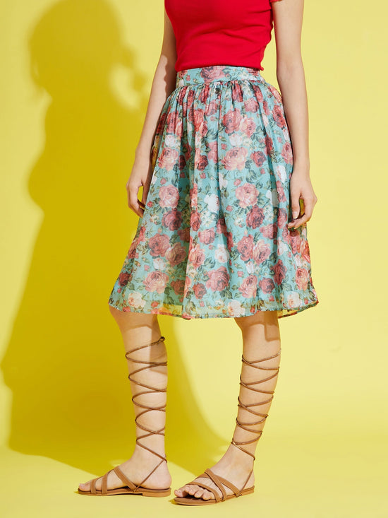 Girls Sea Green Organza Floral Gathered Skirt