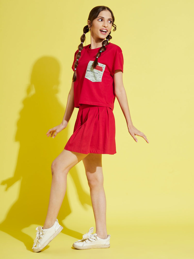 Girls Red Front Pleated Jersey Skirt