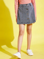 Girls Grey Acid Wash Front Button Denim Mini Skirt