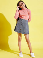 Girls Grey Acid Wash Front Button Denim Mini Skirt