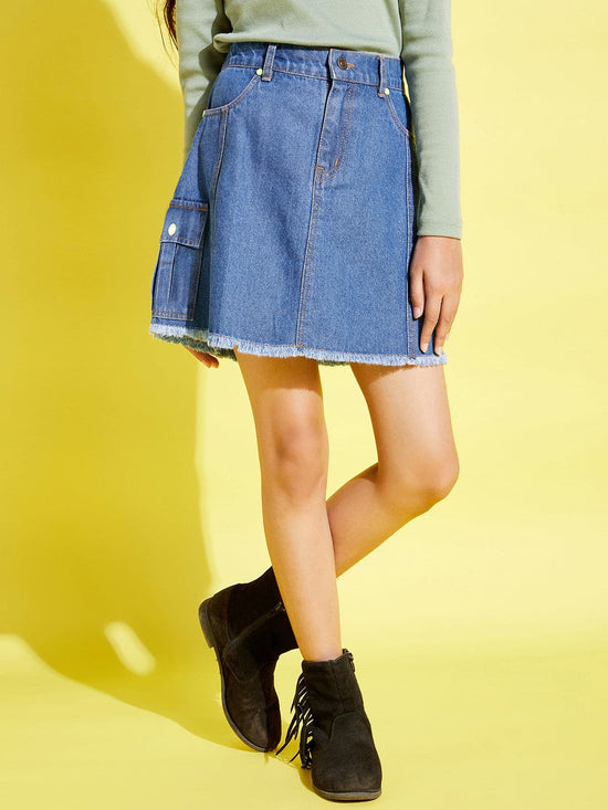 Girls Ice Blue Side Pocket Denim Mini Skirt