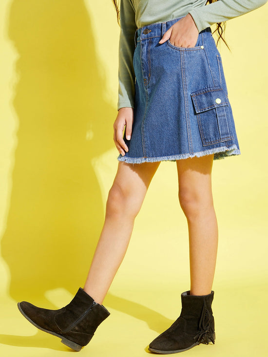 Girls Ice Blue Side Pocket Denim Mini Skirt