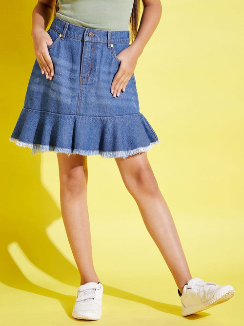 Girls Blue Raw Hem Denim Mini Skirt