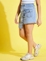 Girls Ice Blue Print Denim Mini Skirt