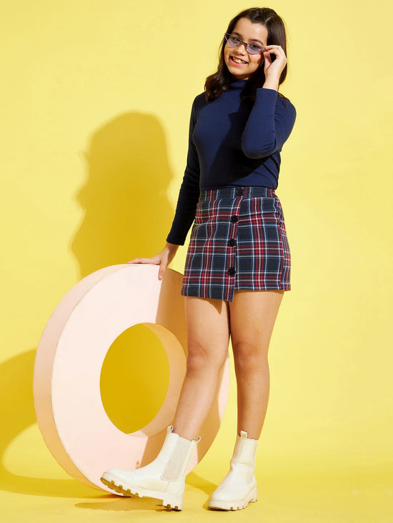 Girls Navy & Red Check Side Button Mini Skirt