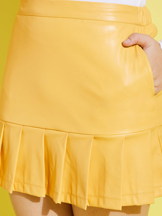 Girls Yellow PU Pleated Skirt