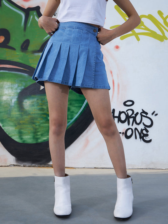 Girls Blue Denim Front Pleated Skorts