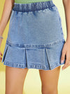 Girls Blue Acid Wash Denim Hem Pleated Skorts