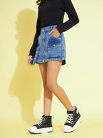 Girls Blue Acid Wash Denim Multi Pocket Skorts