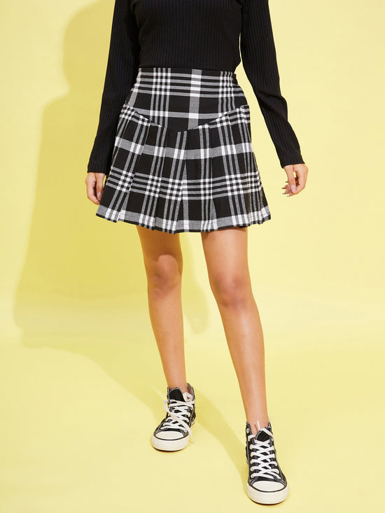 Girls Black & White Check Front Yoke Pleated Skirt