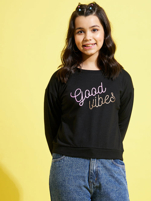 Girls Black Terry Good-Vibes Sweatshirt