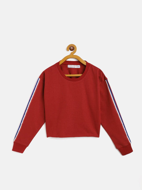 Girls Maroon Terry Shoulder Tape Crop Sweatshirt