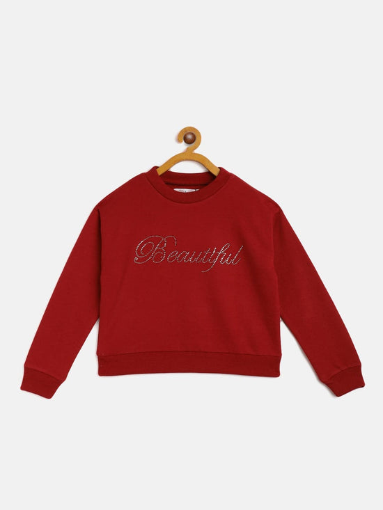 Girls Maroon Terry Beautiful Crystal Studded Sweatshirt