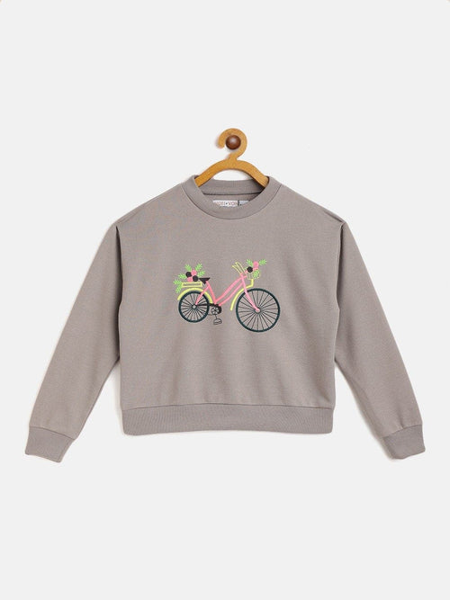 Girls Grey Terry Embroidered Bicycle Sweatshirt