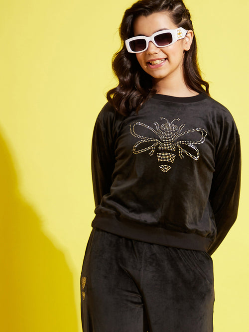 Girls Black Velour Studded DRAGONFLY Sweatshirt