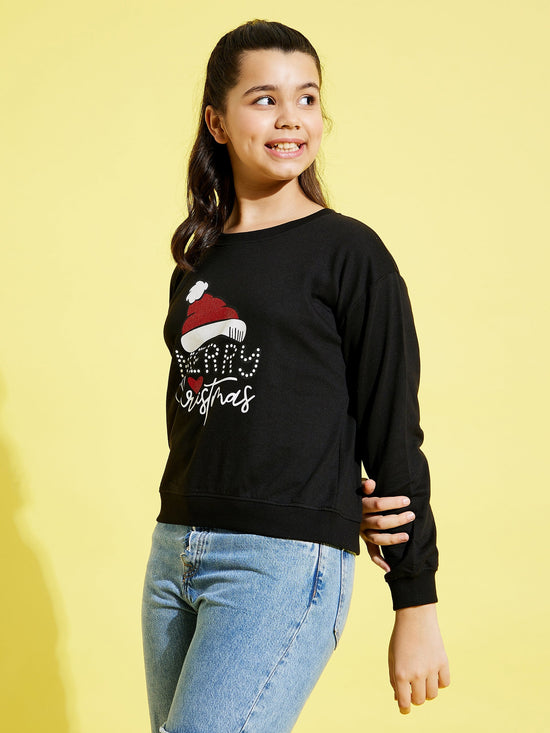 Girls Black Merry Christmas Glitter Sweatshirt