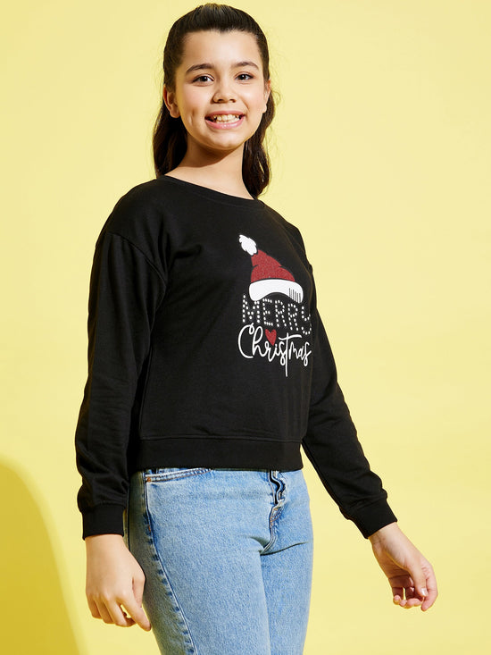 Girls Black Merry Christmas Glitter Sweatshirt