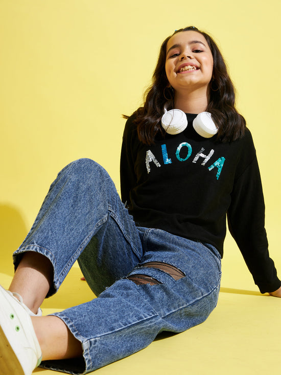 Girls Black ALOHA Embroidered Sweatshirt