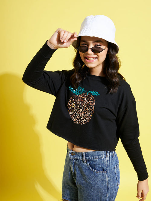 Girls Black ORANGE Embroidered Crop Sweatshirt