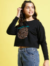 Girls Black ORANGE Embroidered Crop Sweatshirt
