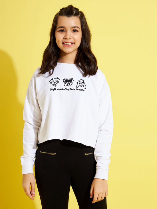 Girls White Embroidered Crop Sweatshirt