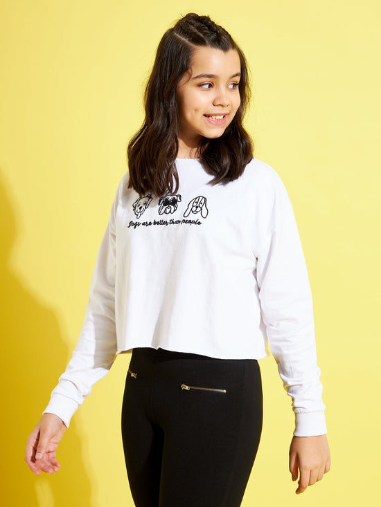 Girls White Embroidered Crop Sweatshirt