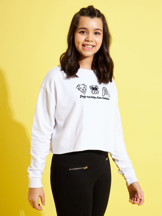 Girls White Embroidered Crop Sweatshirt