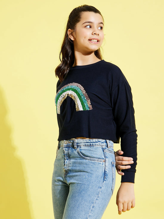 Girls Navy RAINBOW Embroidered Crop Sweatshirt