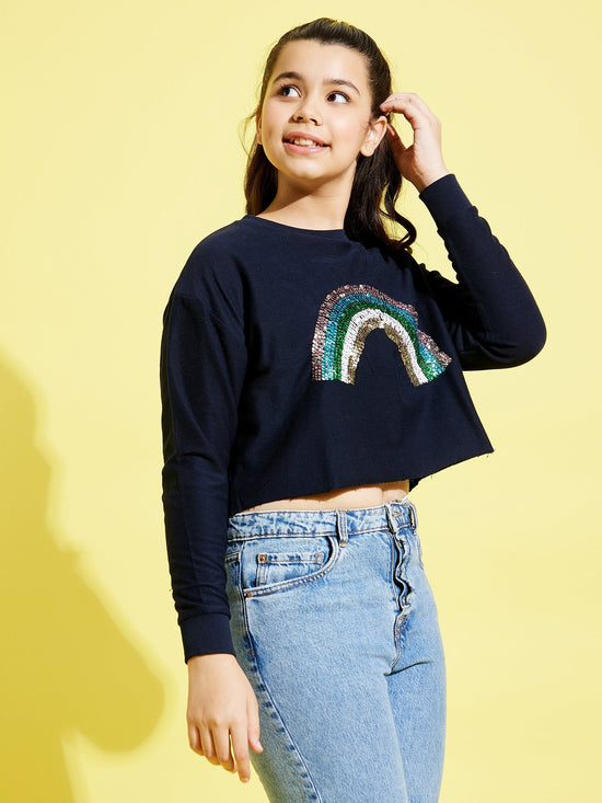 Girls Navy RAINBOW Embroidered Crop Sweatshirt