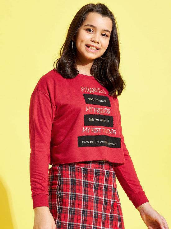 Girls Red Terry STRANGERS Quote Crop Sweatshirt