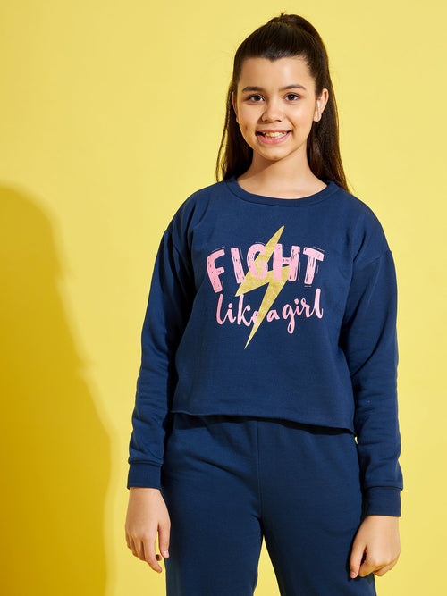 Girls Blue Fleece FIGHT Crop Sweatshirt