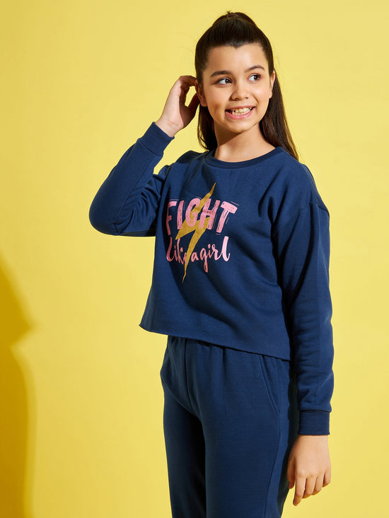 Girls Blue Fleece FIGHT Crop Sweatshirt