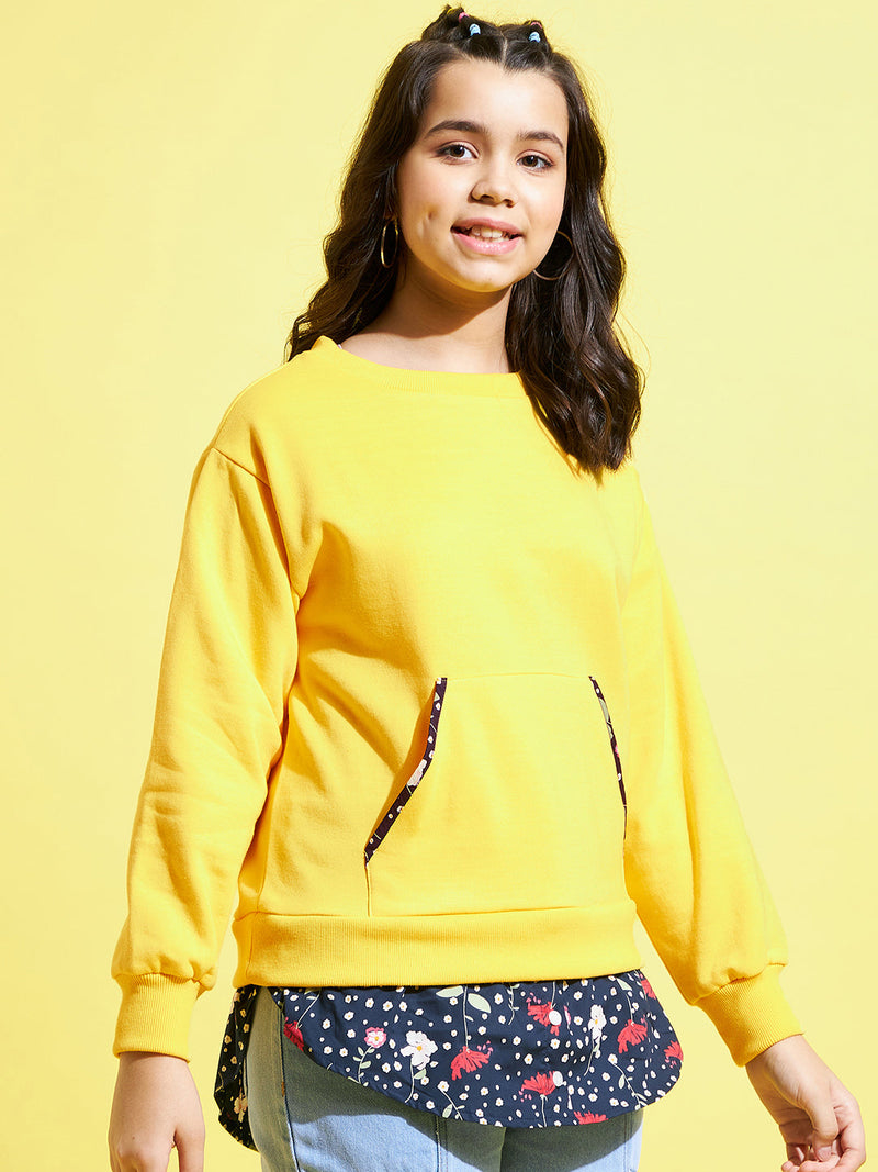 Girls Yellow Fleece Half Shirt Sweatshirt